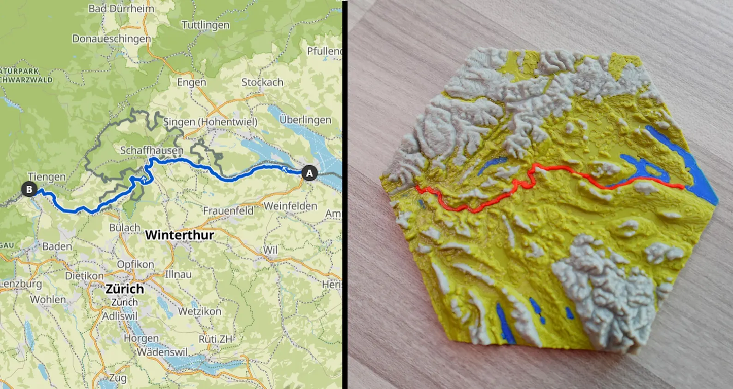 Vergleich eines Kartenabschnitts: links eine digitale Karte des Hochrheins von Stein am Rhein (A) nach Tiengen (B), rechts ein 3D-gedrucktes, farbiges Reliefmodell derselben Region mit Streckenverlauf einer Radtour und topographischen Details in Oliv GrĂĽn, Grau und Blau.