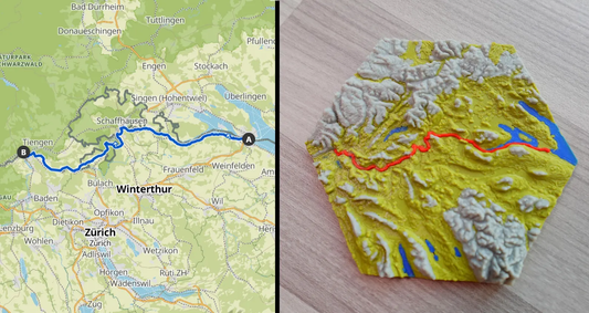 Vergleich eines Kartenabschnitts: links eine digitale Karte des Hochrheins von Stein am Rhein (A) nach Tiengen (B), rechts ein 3D-gedrucktes, farbiges Reliefmodell derselben Region mit Streckenverlauf einer Radtour und topographischen Details in Oliv Grün, Grau und Blau.